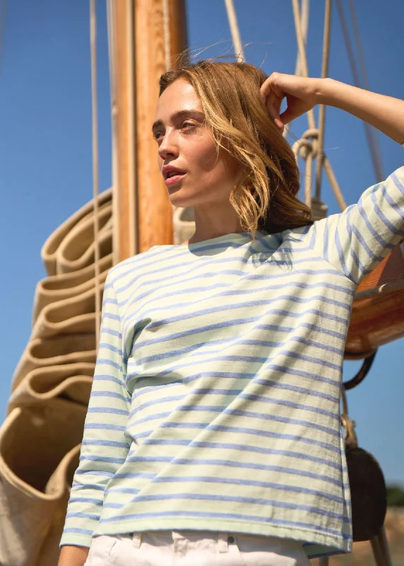 Cable knit women's T - shirt with a cable - textured pocketGALATHEE II - Breton Striped Top with ¾ Sleeve | Soft Cotton | Women Fit (ALOE VERA / DENIM) Cable knit women's T - shirt with a cable - textured pocketGALATHEE II - Breton Striped Top with ¾ Sleeve | Soft Cotton | Women Fit (ALOE VERA / DENIM)