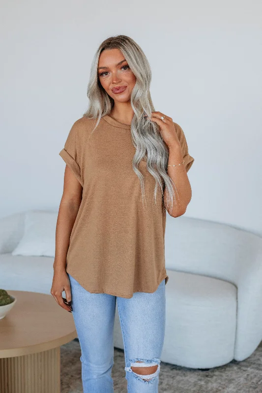 Mock - neck women's T - shirt with a drawstring hoodJaimie Basic Tee - Camel