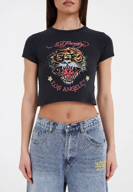 Mock - neck women's T - shirt with a zip - up frontWomens La-Roar-Tiger Cropped Baby T-Shirt - Black Mock - neck women's T - shirt with a zip - up frontWomens La-Roar-Tiger Cropped Baby T-Shirt - Black
