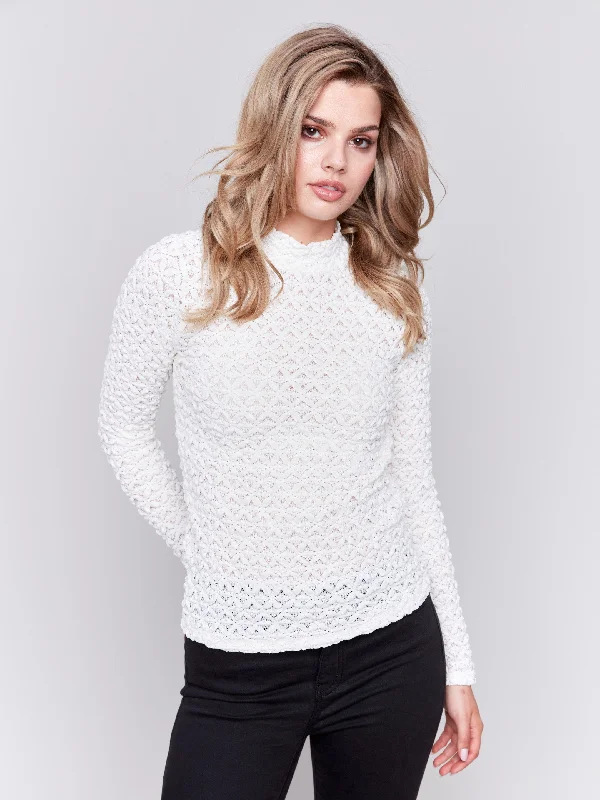 Mock - neck women's T - shirt with a zip - up frontLace Mock Neck Top - Ecru