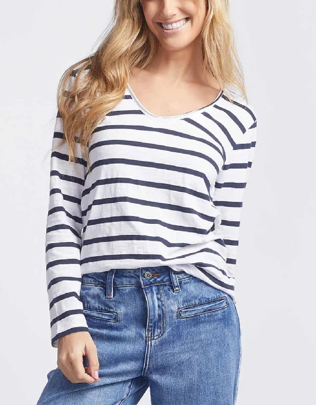 Women's T - shirt with a patchwork designOriginal V-Neck Long Sleeve T-Shirt - Navy/White Stripe Women's T - shirt with a patchwork designOriginal V-Neck Long Sleeve T-Shirt - Navy/White Stripe