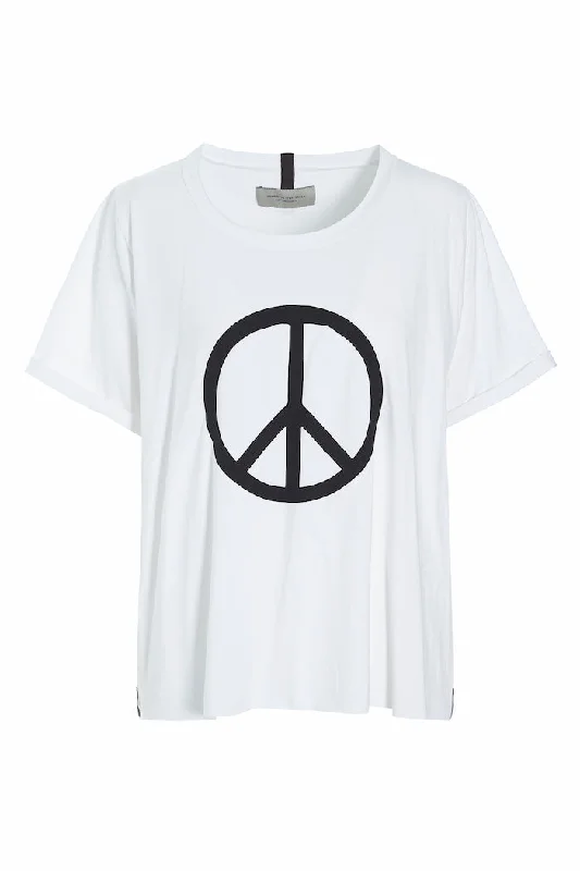 Mock - neck women's T - shirt with a drawstring hoodTEE PEACE PRINT - 96066 - WHITE Mock - neck women's T - shirt with a drawstring hoodTEE PEACE PRINT - 96066 - WHITE