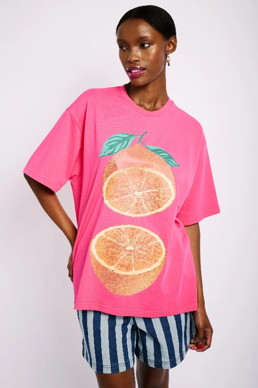 Women's T - shirt with a high - low hem and side slitsOversized Cotton Tee with Grapefruit Print Women's T - shirt with a high - low hem and side slitsOversized Cotton Tee with Grapefruit Print