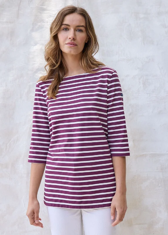 Plus size women's V - neck T - shirt for a flattering lookPHARE - Boat Neck Striped Tunic with Slits | Stretch fabric with UV Protection (PLUM / IVORY) Plus size women's V - neck T - shirt for a flattering lookPHARE - Boat Neck Striped Tunic with Slits | Stretch fabric with UV Protection (PLUM / IVORY)
