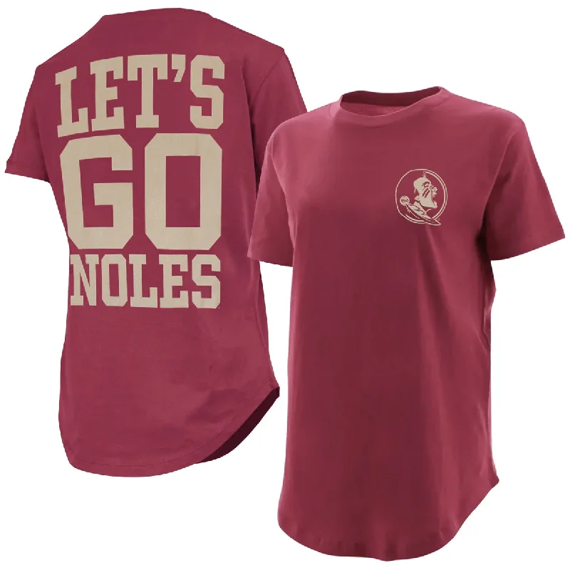 Printed women's T - shirt with a retro - inspired patternPressbox Women's Seminole Logo/Let's Go Noles Design Round Bottom Short Sleeve T-shirt - Garnet Printed women's T - shirt with a retro - inspired patternPressbox Women's Seminole Logo/Let's Go Noles Design Round Bottom Short Sleeve T-shirt - Garnet