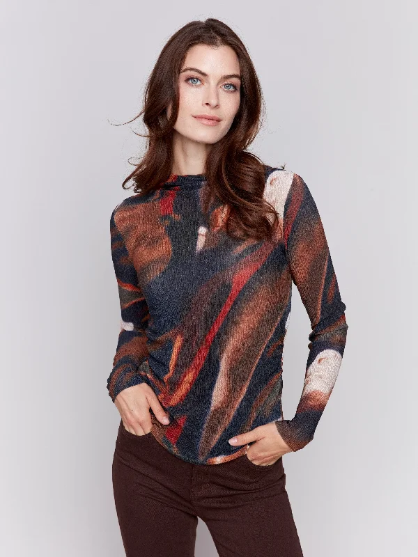 Women's T - shirt with a high - low hemPrinted Ruched Mock Neck Top - Spruce
