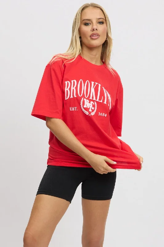 Women's T - shirt with a geometric printRed Graphic Tee Short Sleeve