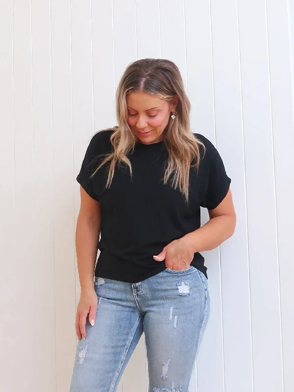 Open - work women's T - shirt with a lace - like patternRiley Tee - Black