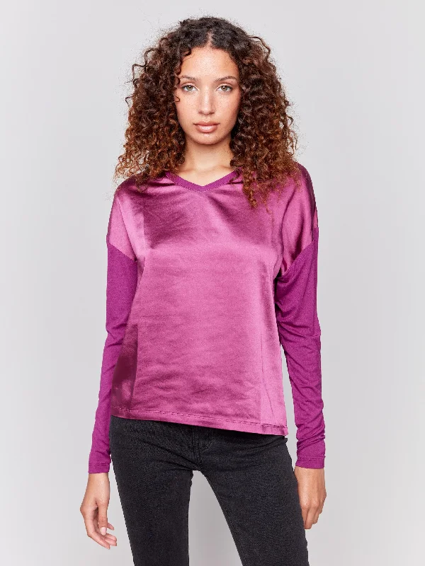 Long - length women's T - shirt with a hood and a drawstringSatin and Jersey V-Neck Knit Top - Mulberry Long - length women's T - shirt with a hood and a drawstringSatin and Jersey V-Neck Knit Top - Mulberry