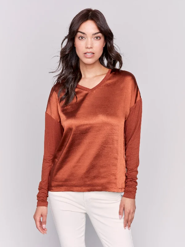 Women's T - shirt with a ribbed cuffs and hemSatin and Jersey V-Neck Knit Top - Terracotta Women's T - shirt with a ribbed cuffs and hemSatin and Jersey V-Neck Knit Top - Terracotta