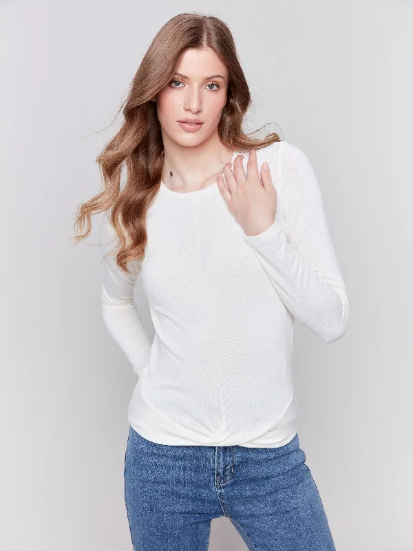 Women's T - shirt with a dropped - shoulder and wide - sleeve designSoft Jersey Top with Front Knot Detail - Ecru Women's T - shirt with a dropped - shoulder and wide - sleeve designSoft Jersey Top with Front Knot Detail - Ecru