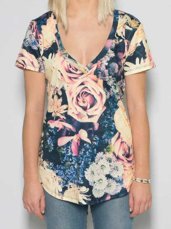 Oversized women's T - shirt with a slouchy fitVintage Flowers Women's V-Neck Tee
