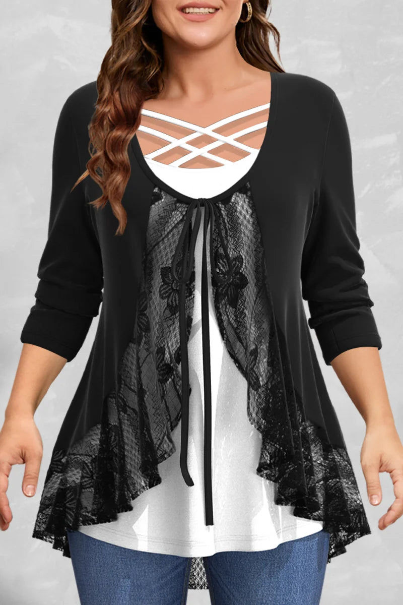 Women's T - shirt with a side slit for added styleWomen's Ruffle Lace Overlay Tops Fashion Designer Floral T-Shirts (Plus Size) Women's T - shirt with a side slit for added styleWomen's Ruffle Lace Overlay Tops Fashion Designer Floral T-Shirts (Plus Size)