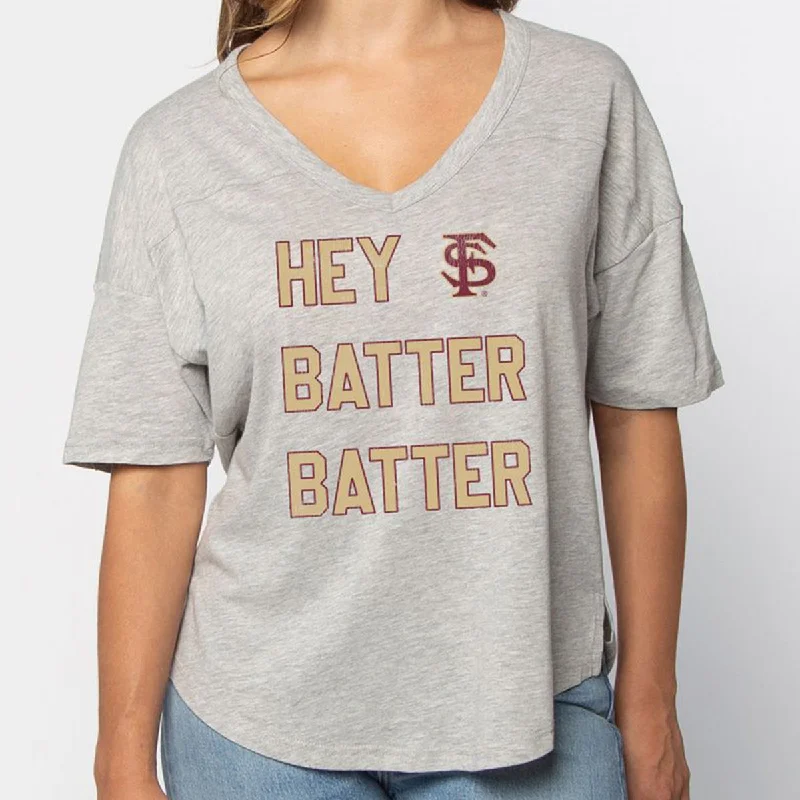 Mock neck women's T - shirt for a modern twistUG Apparel Women's Hey Batter Batter Design V-neck Short Sleeve T-shirt - Heather Grey Mock neck women's T - shirt for a modern twistUG Apparel Women's Hey Batter Batter Design V-neck Short Sleeve T-shirt - Heather Grey