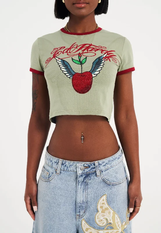 Women's T - shirt with a patch pocket and a button - down frontWomens Cherry Love Bomb Diamante Baby Tshirt Top - Green Women's T - shirt with a patch pocket and a button - down frontWomens Cherry Love Bomb Diamante Baby Tshirt Top - Green