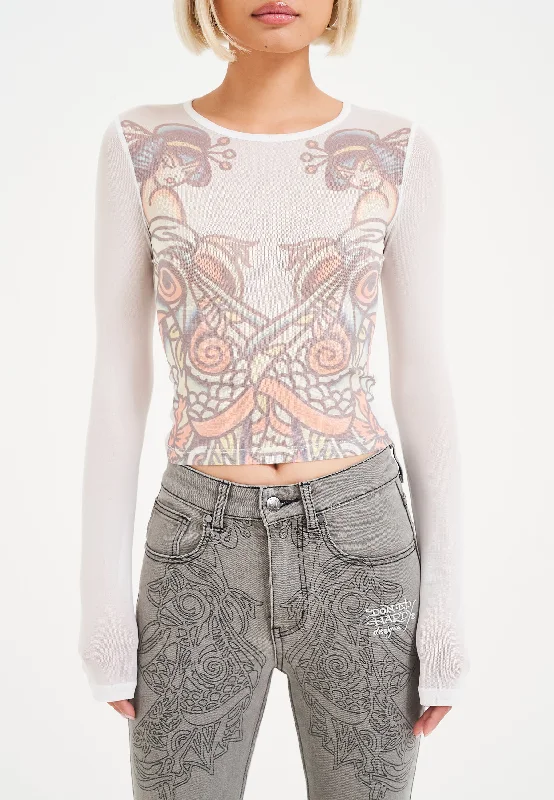 Women's T - shirt with a lace - up backWomens Ice Geisha Mesh Long Sleeve Tshirt Top - White Women's T - shirt with a lace - up backWomens Ice Geisha Mesh Long Sleeve Tshirt Top - White