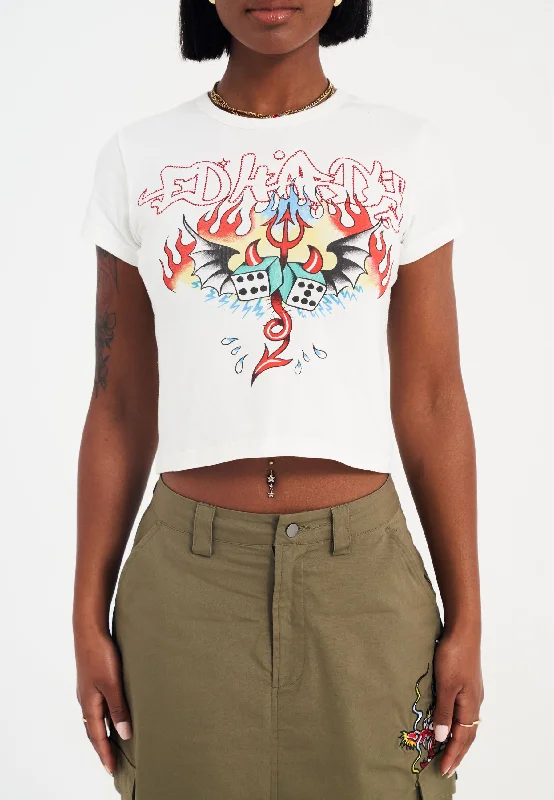 Open - work women's T - shirt with a lace - like patternWomens Lifes A Gamble Diamante Baby Tshirt Top - White